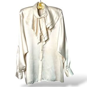 SUSIE HAYWARD Vintage 100% Silk Cream Ruffle Front  Blouse MADE IN CANADA Sz 8